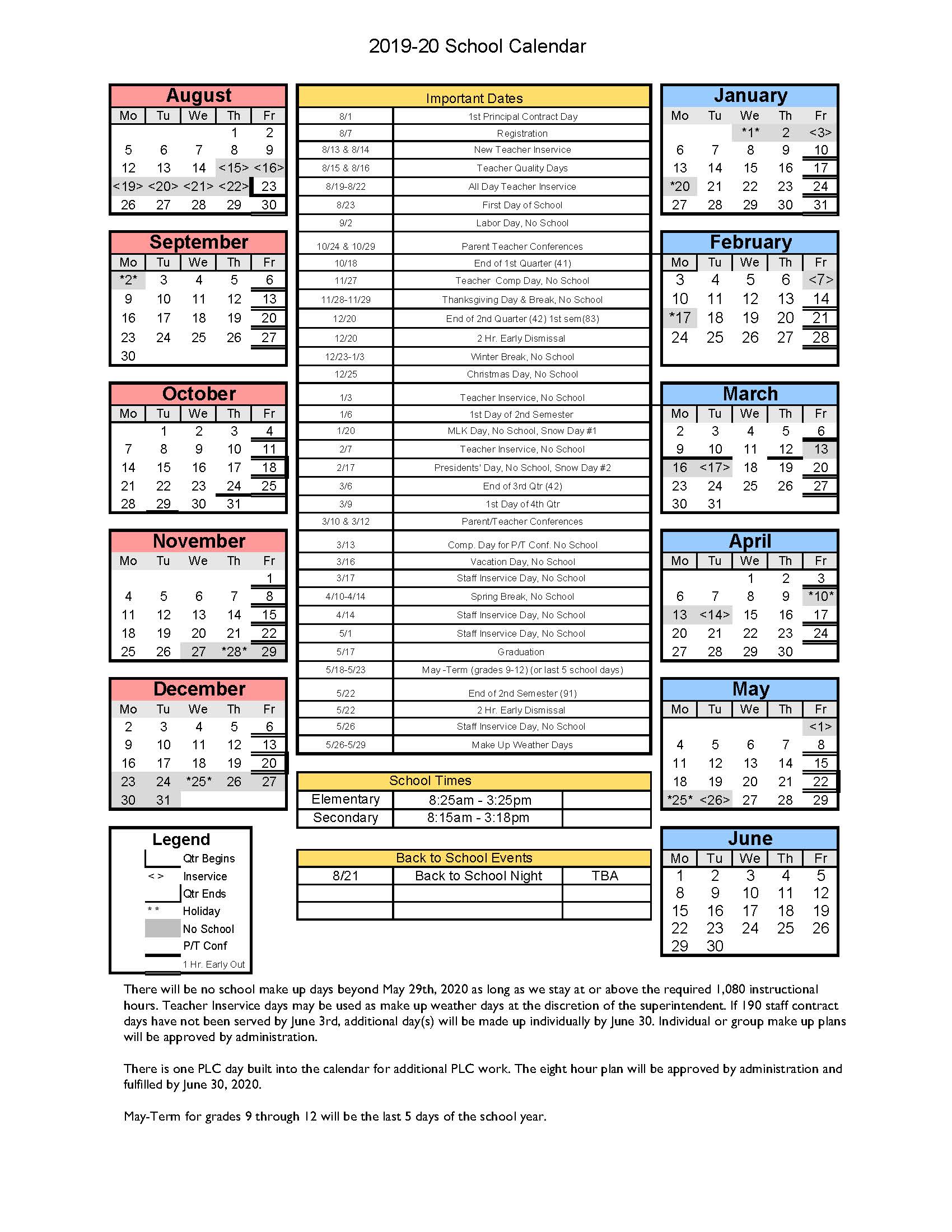  2019 2020 School Calendar 